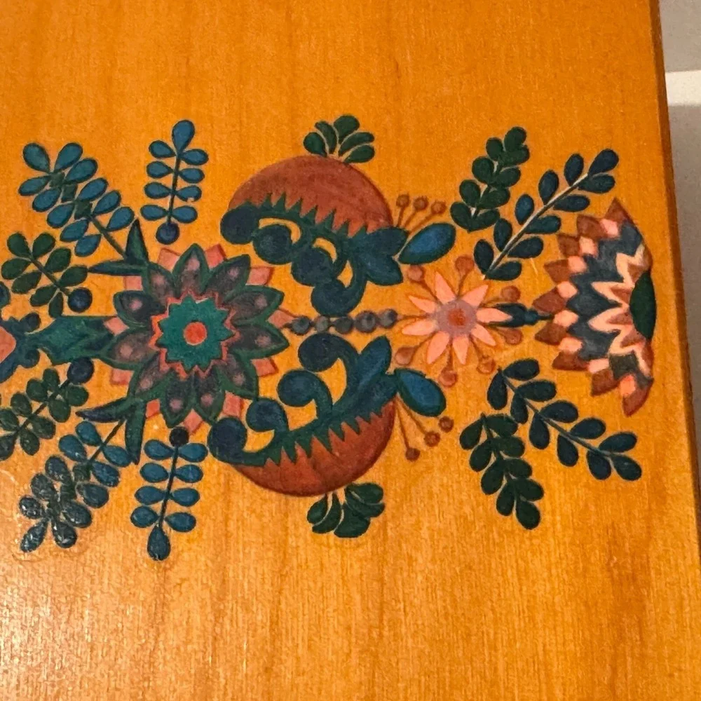Vintage Wooden Jewelry Box Hinged Hidden Drawer Design Folk Art Detail‎